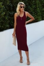 Button Scoop Neck Solid Slim Midi Bodycon Dress - Image 2