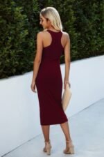 Button Scoop Neck Solid Slim Midi Bodycon Dress - Image 3