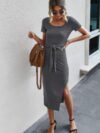 Tied Short Sleeve Scoop Neck Fit Shirt Dress