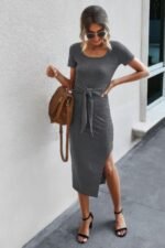 Tied Short Sleeve Scoop Neck Fit Shirt Dress