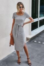 Tied Short Sleeve Scoop Neck Fit Shirt Dress - Image 3