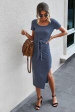 Tied Short Sleeve Scoop Neck Fit Shirt Dress - Image 5