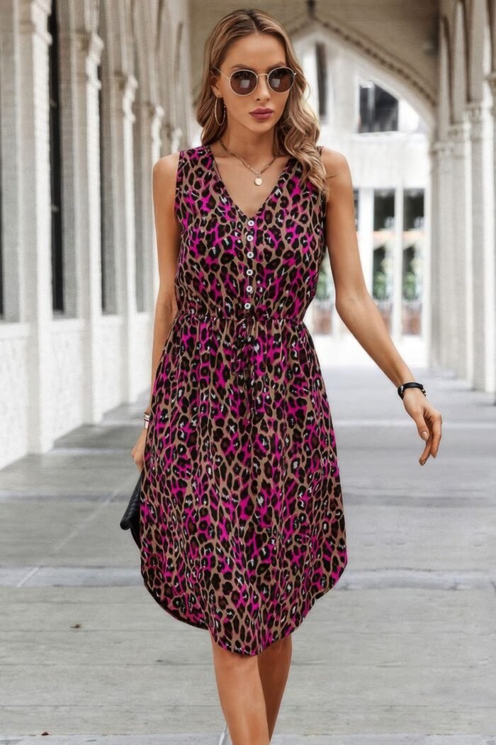 Sleeveless leopard print tie front curved hem dress - image 1
