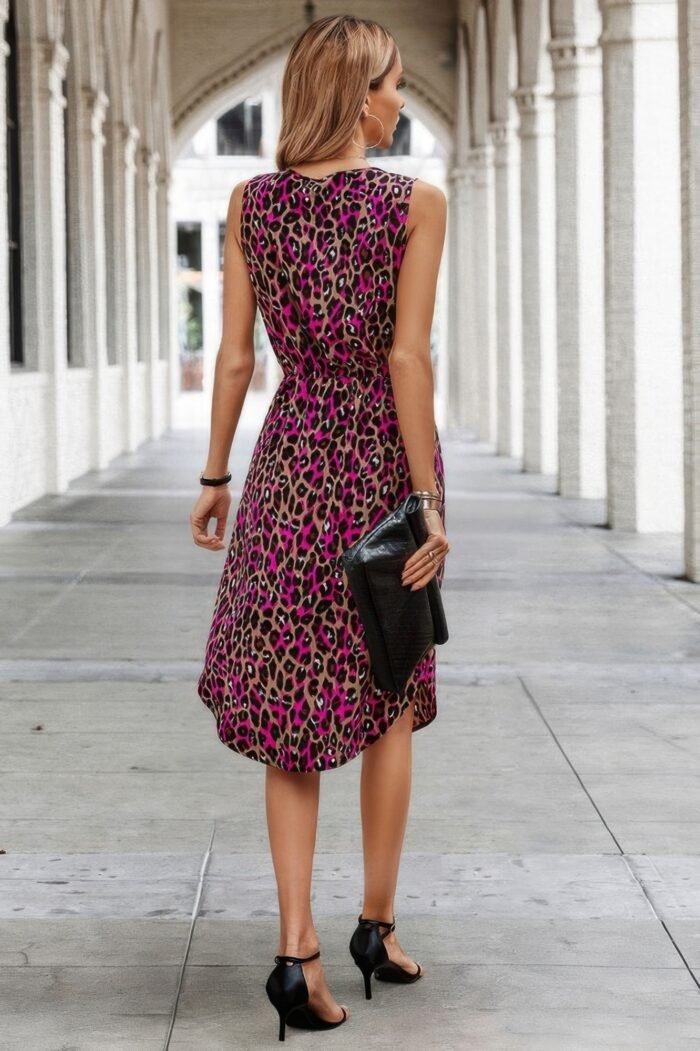Sleeveless leopard print tie front curved hem dress - image 5