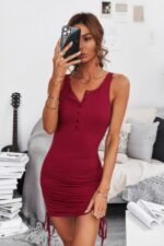 Ruched Drawstring Sleeveless Button Down Short Dress - Image 9