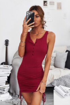 Ruched Drawstring Sleeveless Button Down Short Dress