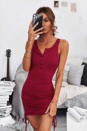 Ruched Drawstring Sleeveless Button Down Short Dress Ruched Drawstring Sleeveless Button Down Short Dress