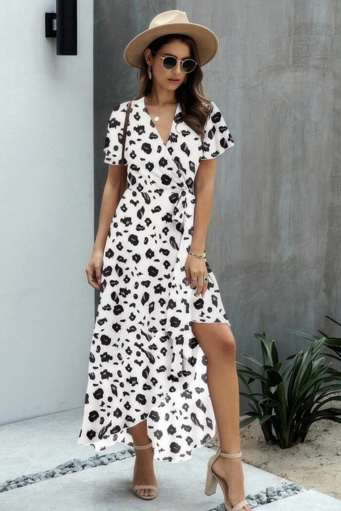 Allover print high v neck low wrap dress - image 1
