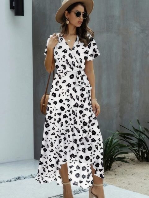 Allover Print High V Neck Low Wrap Dress