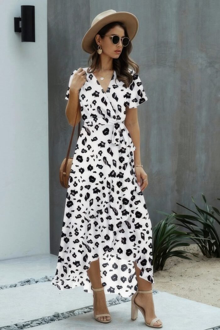 Allover print high v neck low wrap dress - image 2