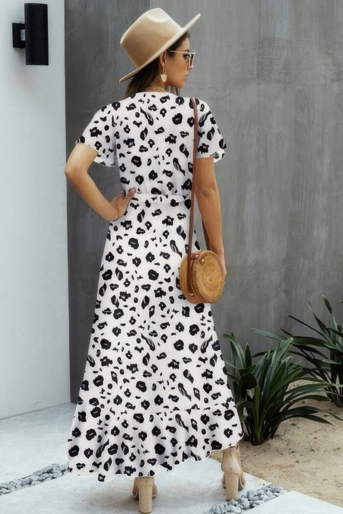 Allover print high v neck low wrap dress - image 3