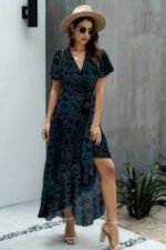 Allover Print High V Neck Low Wrap Dress - Image 4