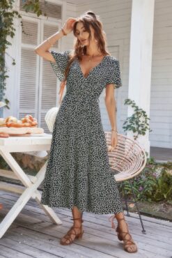 Floral Ruffle Hem Slit Short Sleeve Full Dress
