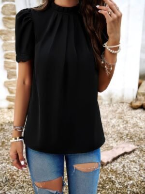 Crew Neck Solid Ruffle Loose Fit Dressy Elegant Shirt