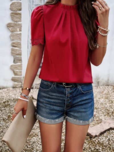 Crew Neck Solid Ruffle Loose Fit Dressy Elegant Shirt Crew Neck Solid Ruffle Loose Fit Dressy Elegant Shirt