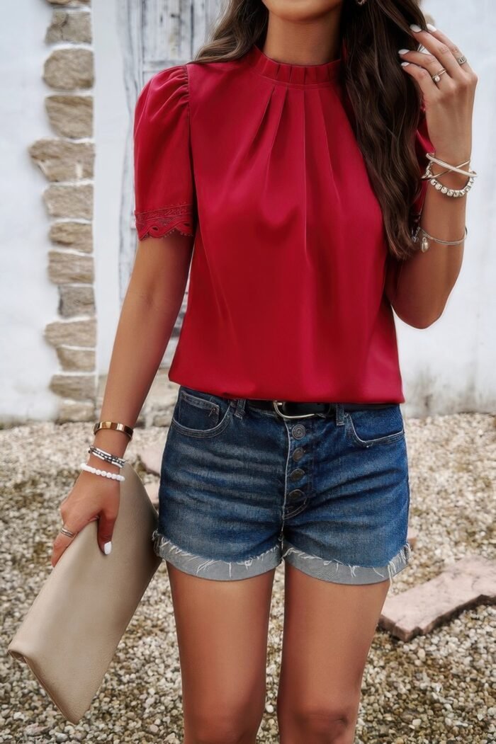 Crew neck solid ruffle loose fit dressy elegant shirt