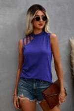 Solid Cold Cut Out Shoulder Sleeveless Top