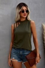 Solid Cold Cut Out Shoulder Sleeveless Top