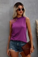 Solid Cold Cut Out Shoulder Sleeveless Top