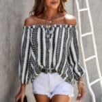 Printed Off Shoulder Frilled Tie Lantern Sleeve Shirt