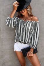 Printed Off Shoulder Frilled Tie Lantern Sleeve Shirt
