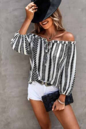 Printed Off Shoulder Frilled Tie Lantern Sleeve Shirt Printed Off Shoulder Frilled Tie Lantern Sleeve Shirt