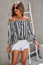 Printed Off Shoulder Frilled Tie Lantern Sleeve Shirt