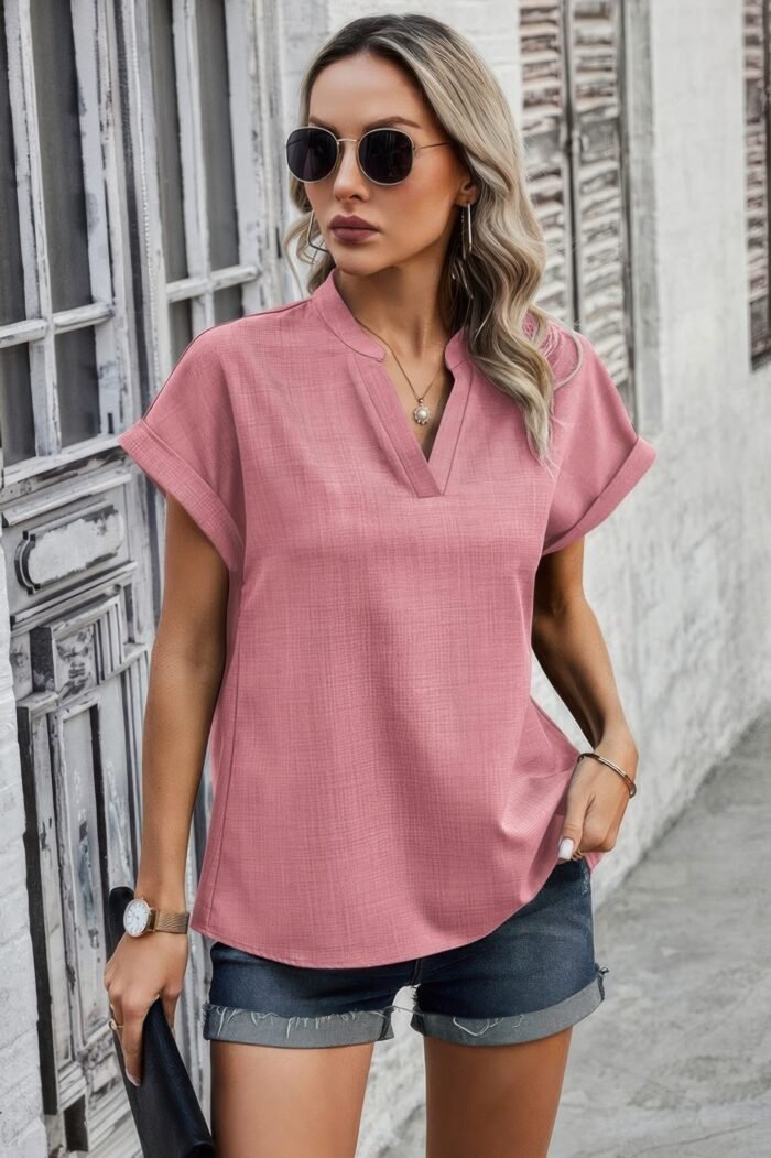V neck solid short bat sleeve loose fit blouse - image 1