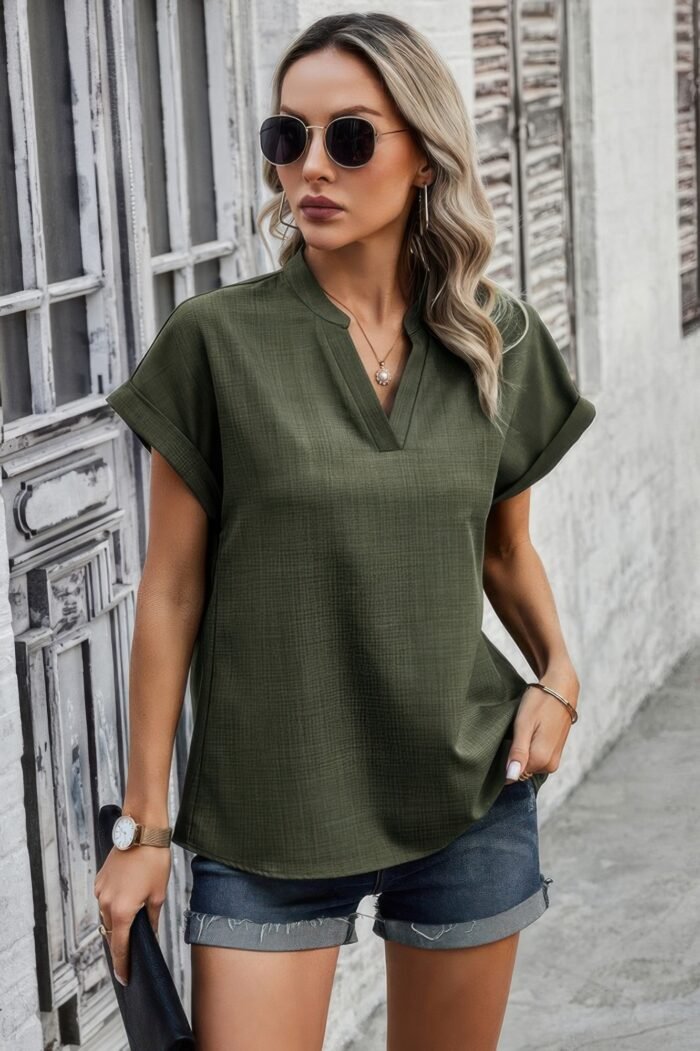 V neck solid short bat sleeve loose fit blouse - image 3