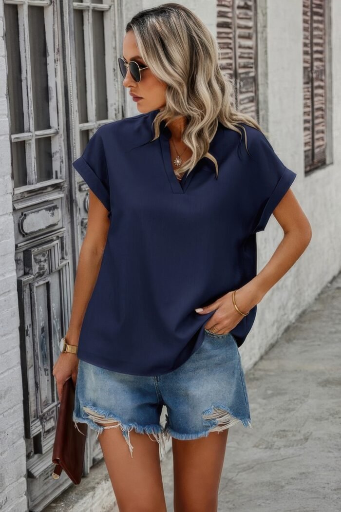 V neck solid short bat sleeve loose fit blouse - image 5