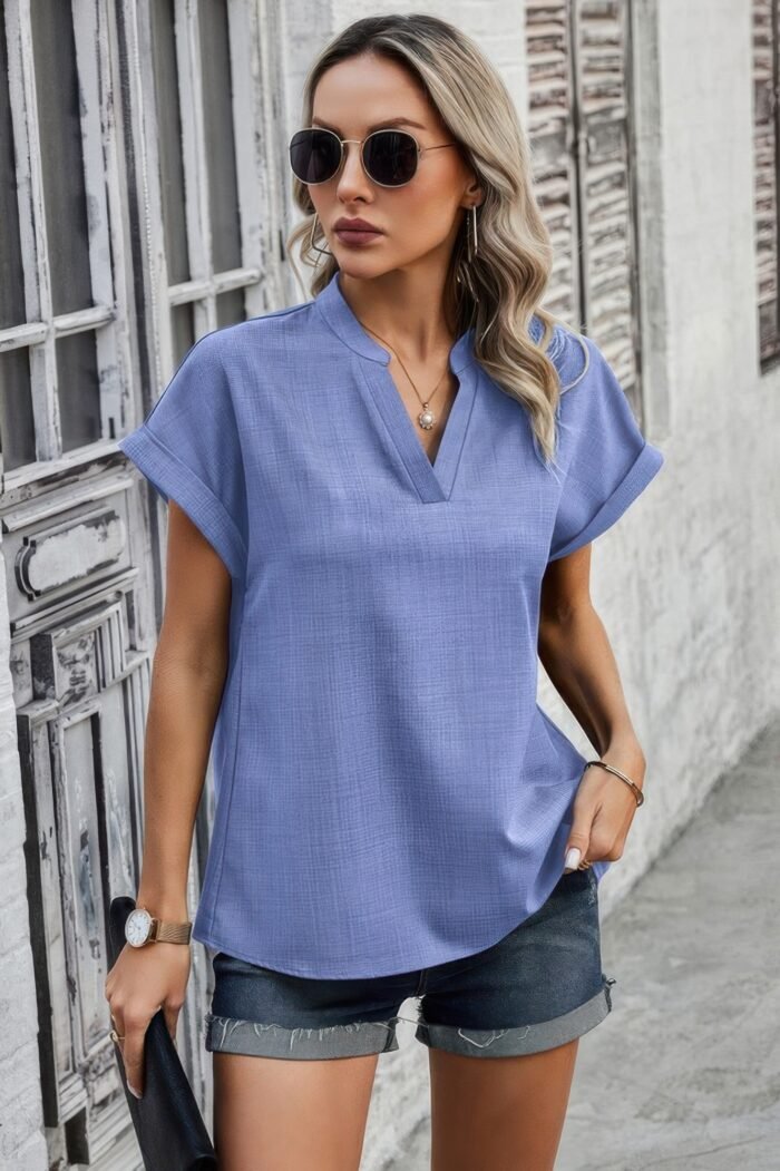 V neck solid short bat sleeve loose fit blouse - image 7