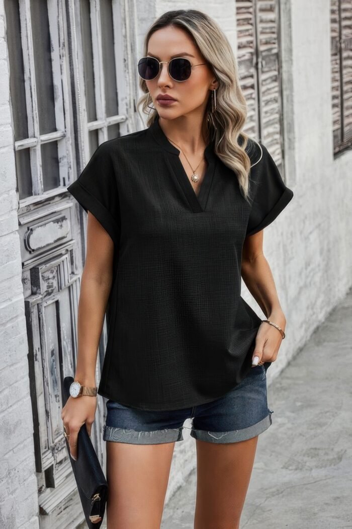 V neck solid short bat sleeve loose fit blouse - image 11