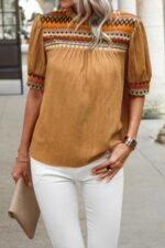 Geometric Print Elegant Textured Puff Sleeve Shirt