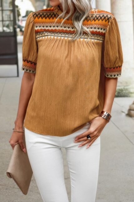Geometric Print Elegant Textured Puff Sleeve Shirt