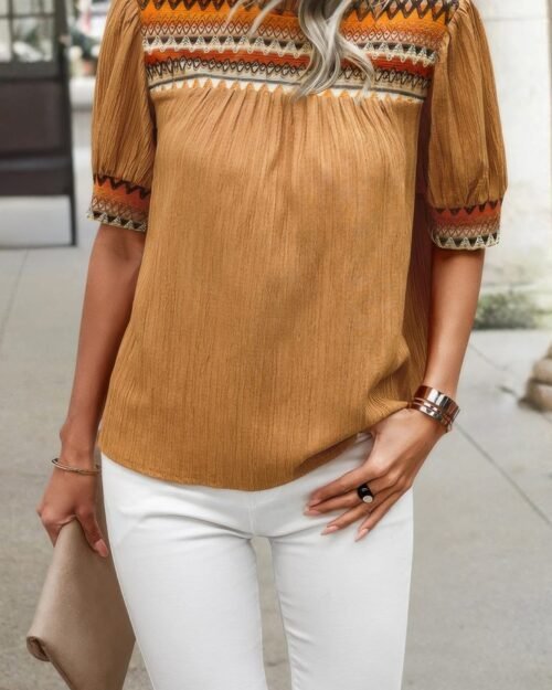 Geometric Print Elegant Textured Puff Sleeve Shirt