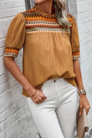 Geometric Print Elegant Textured Puff Sleeve Shirt Geometric Print Elegant Textured Puff Sleeve Shirt