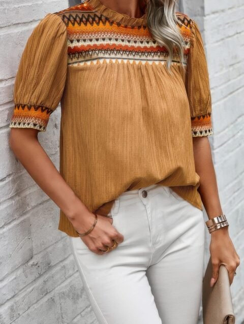 Geometric Print Elegant Textured Puff Sleeve Shirt