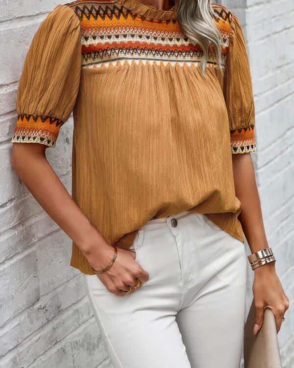 Geometric Print Elegant Textured Puff Sleeve Shirt