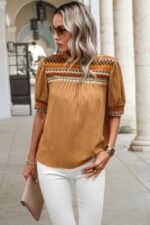 Geometric Print Elegant Textured Puff Sleeve Shirt - Image 4