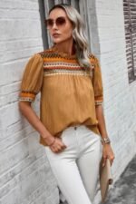 Geometric Print Elegant Textured Puff Sleeve Shirt - Image 5