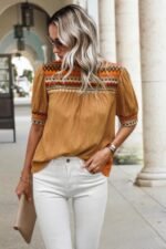 Geometric Print Elegant Textured Puff Sleeve Shirt - Image 6