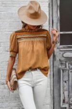 Geometric Print Elegant Textured Puff Sleeve Shirt - Image 7