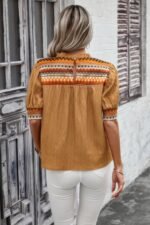 Geometric Print Elegant Textured Puff Sleeve Shirt - Image 8