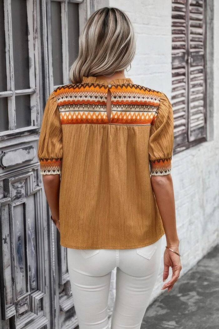 Geometric print elegant textured puff sleeve shirt - image 8
