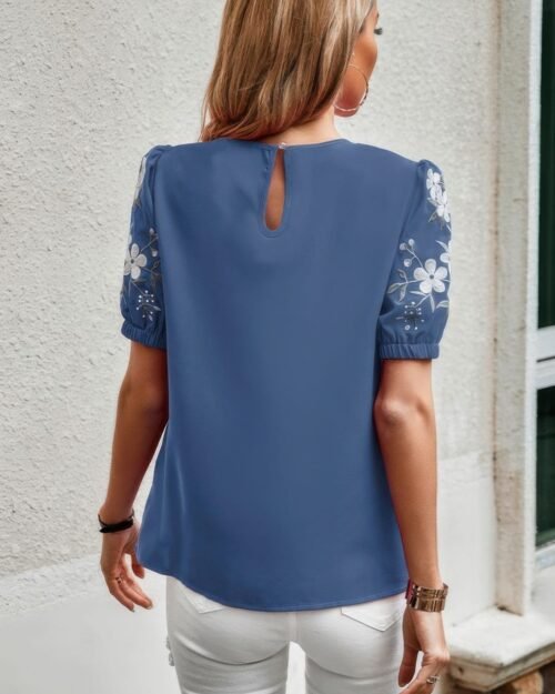floral keyhole neckline loose puff sleeve blouse