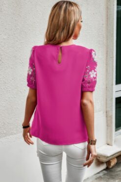 Floral Keyhole Neckline Loose Puff Sleeve Blouse