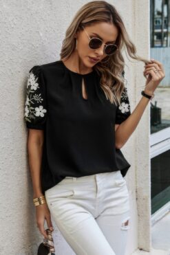Floral Keyhole Neckline Loose Puff Sleeve Blouse