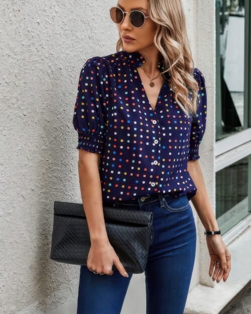 polka dot print puff sleeve loose shirt
