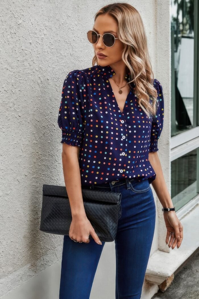 Polka dot print puff sleeve loose shirt