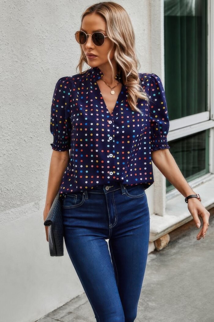Polka dot print puff sleeve loose shirt
